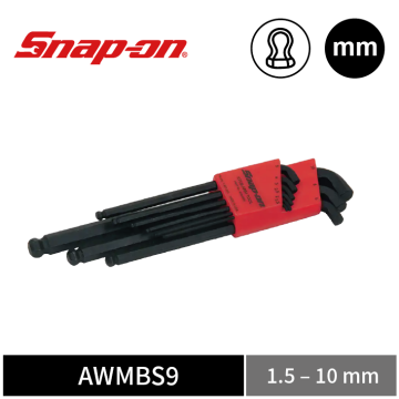 Snap-on 9件式 公制 極短 L型 球頭六角扳手組 (1.5–10 mm)