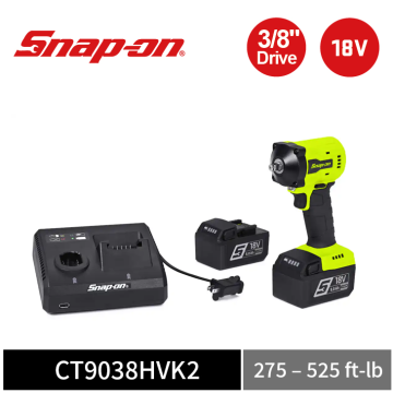 Snap-on 18V 3/8" Drive 短柄無線衝擊扳手工具套組｜雙電池+充電座 (螢光黃)