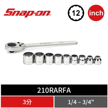 Snap-on 10件式 3/8" Drive 12角 英制 Flank Drive® 3分薄型棘輪扳手/極短套筒組 (1/4–3/4")
