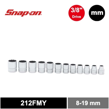Snap-on 12件式 3/8" 12角 Flank Drive® 短套筒組 (8-19 mm)