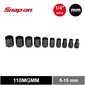 Snap-on 10件式 1/4" 6角 Flank Drive® 短磁性動力套筒組 (5-15 mm)