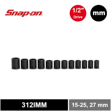 Snap-on 12件式 1/2" 6角 Flank Drive® 衝擊短套筒套組 (15-25 & 27 mm)