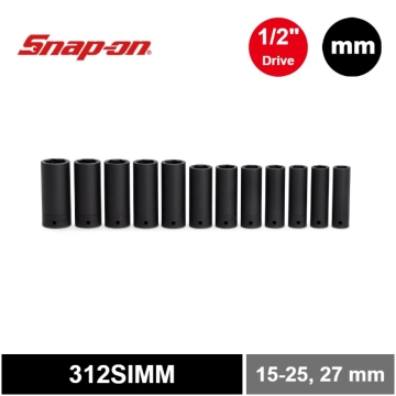 Snap-on 12件式 1/2" 6角 Flank Drive® 衝擊長套筒套組 (15-25 & 27 mm)