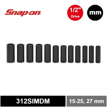 Snap-on 12件式 1/2" 12角 Flank Drive® 衝擊長套筒套組 (15-25 & 27 mm)