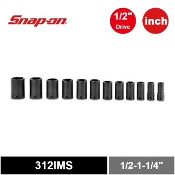 Snap-on 12件式 1/2" 6角 SAE Flank Drive® 衝擊中長套筒套組 (1/2-1-1/4")